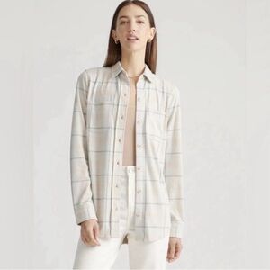 Quince Women's Buttoned Down Sweater Stretch Knit Plaid Fleece Shirt